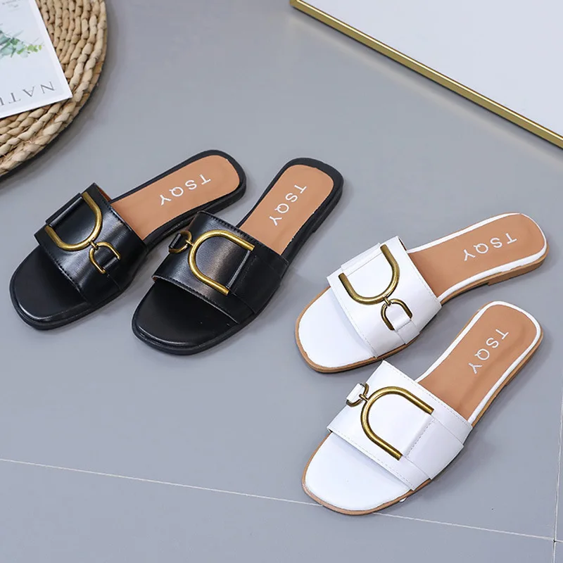 

slippers women's shoes 2025,New arrival summer soft leather toe sandals flat, lazy slippers
