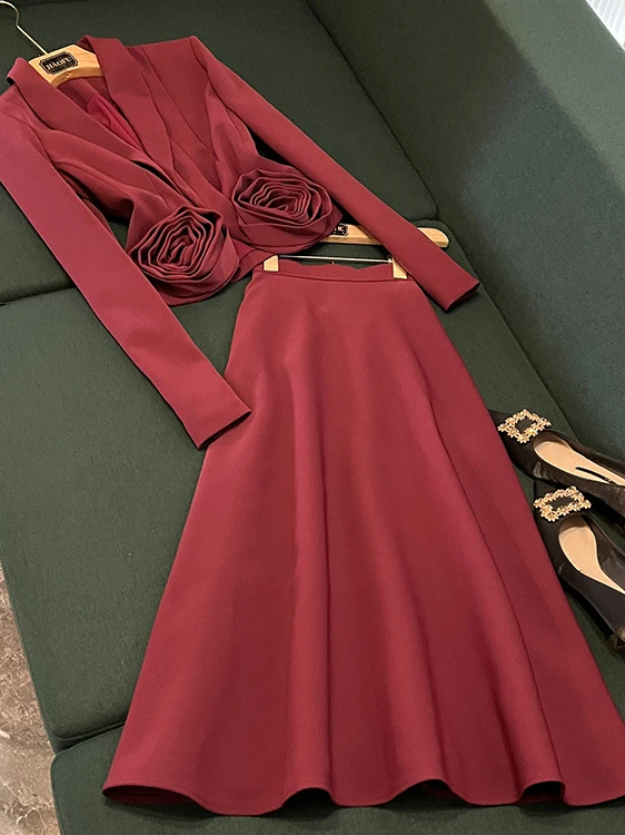 

Spring Commute ort Trimmed Deep V-ne 3D Rose Cutout Women's Suiting Jaet Pure Color Commuter Sle Long Sve Coat