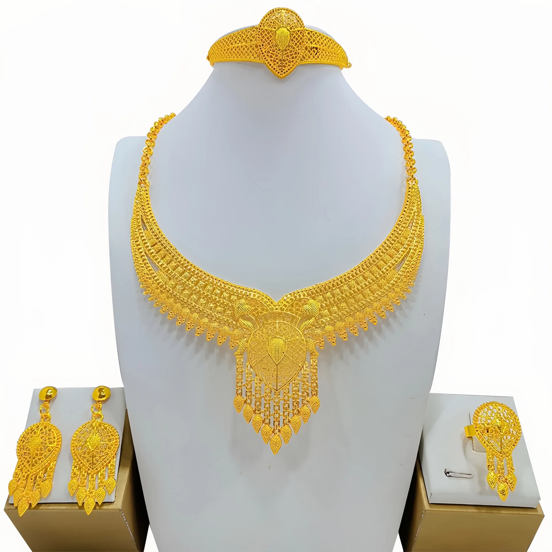 

24K real gold 9999 yellow gold suit Dubai Saudi Jewelry suit Bride Wedding Necklace Earrings Ring Four-piece Set