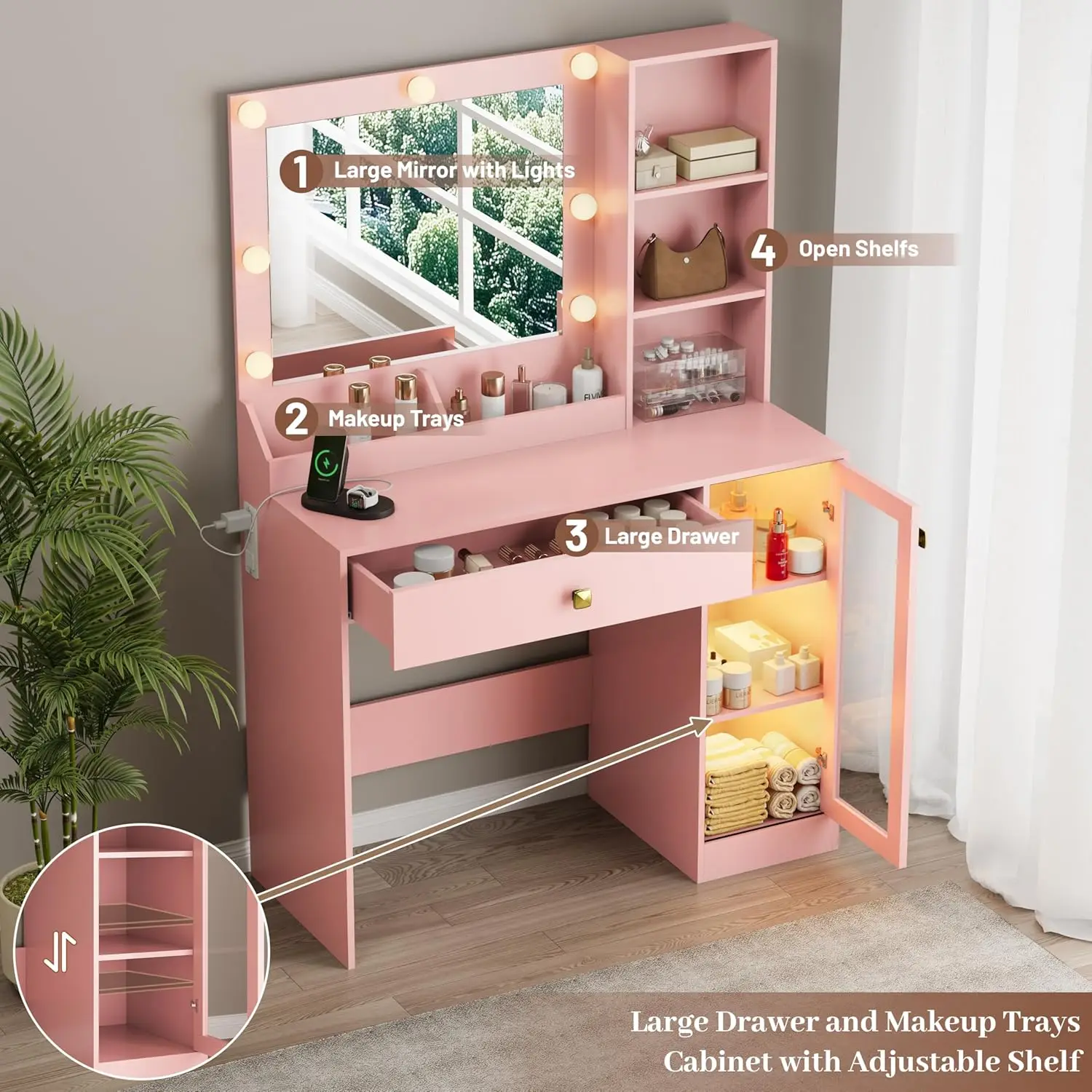 Bedroom Makeup Vanity, with 34''W, Charging Station, RGB Glass Cabinet, 3 Color Lighting Modes and Adjustable Brightness view 4