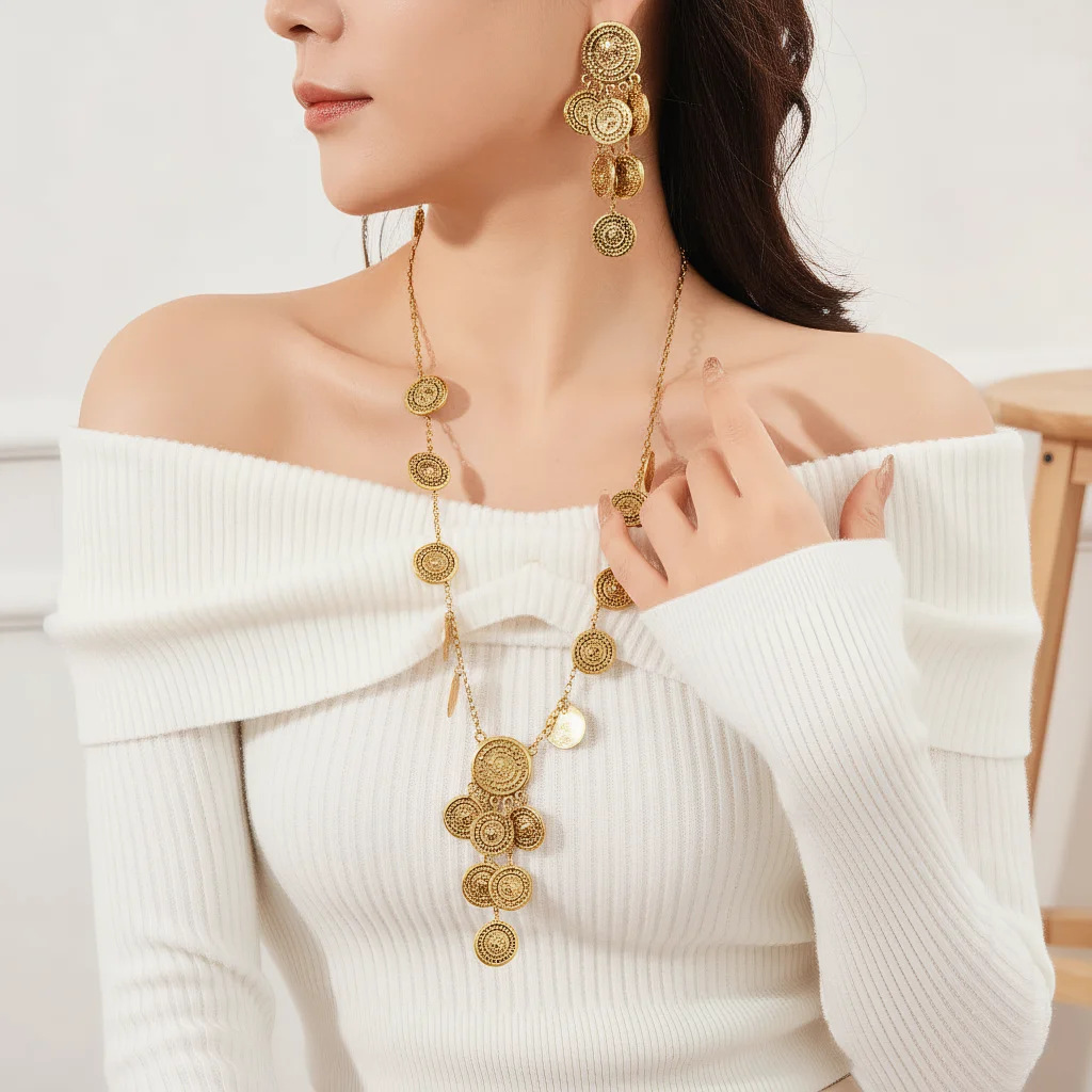 

3pcs Elegant Vintage Jewelry Set for Women Long circle overlay Necklace fashion trend Choker Bridal Wedding Earrings Party