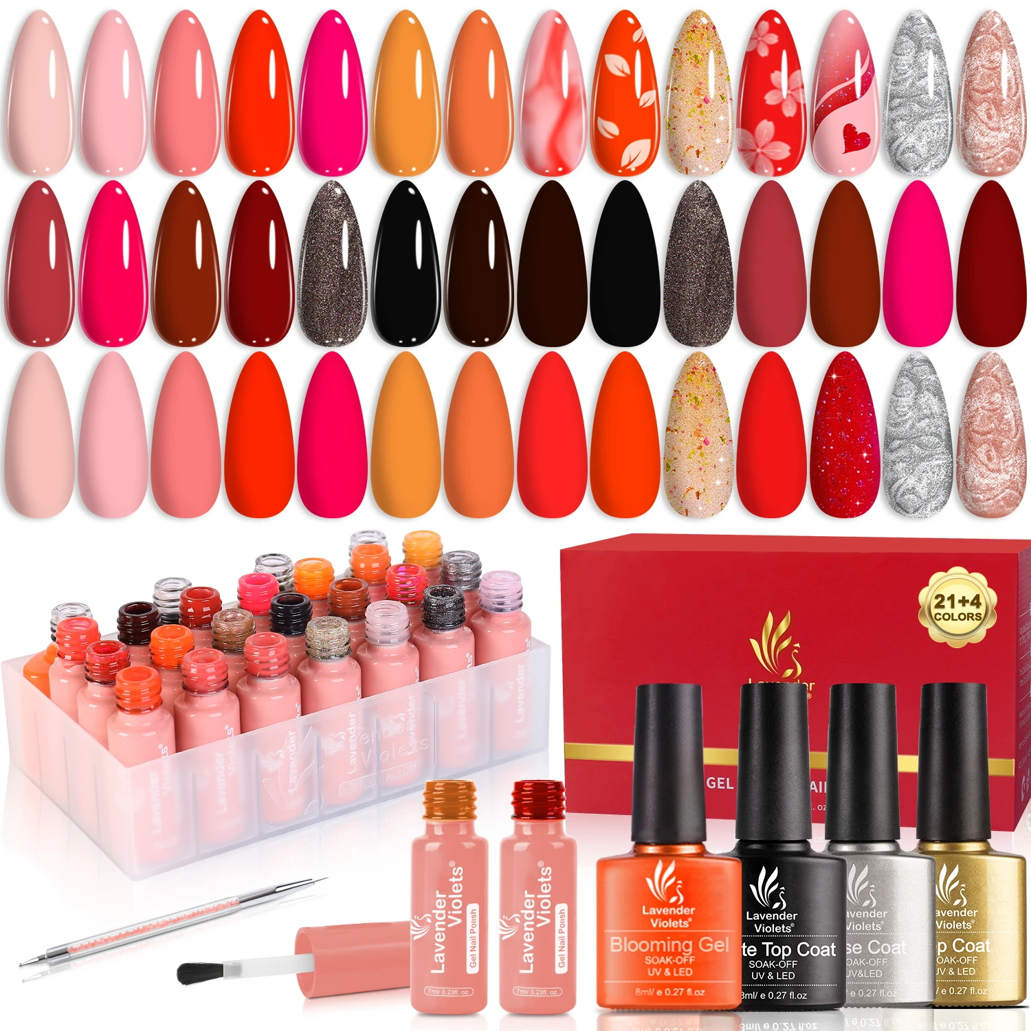 

26pcs Gel Nail Polish Kit with 21 Red Pink Colors Coat and Blooming Gel, Base Coat Glossy & Matte Top Coat for Nail Art Manicure