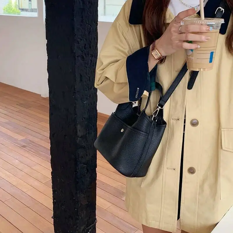Korean Solid Color Handbag Women Minimalist Soft Leather Pebbled Texture Bucket Shoulder Ladies Casual Commute Crossbody Bag