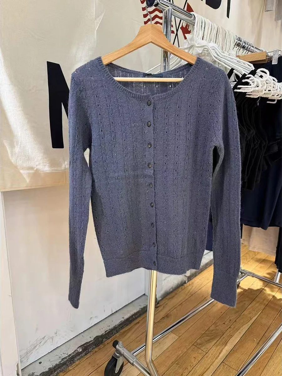 

Women's Gray-blue Eyelet Thin Cardigan T-shirt New Scoop Neck Button-up Tees Sweet Vintage Soft Cotton Knitted Long Sleeve Tops