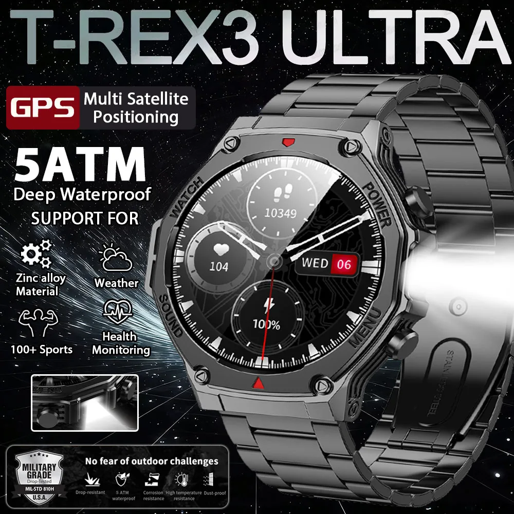 

New Military Men T-REX3 Ultra Smartwatch GPS Track Health Monitoring 5ATM Waterproof Flashlight Bluetooth Call Sport Smart Watch