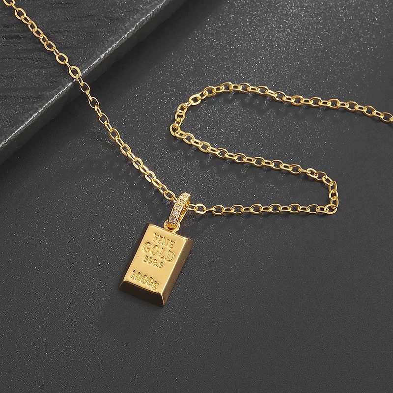 Hot Selling Rich Small Gold Bar Necklace Imitation Gold Brick Pendant Women's Fashion Simple Clavicle Chain Jewelry Gift