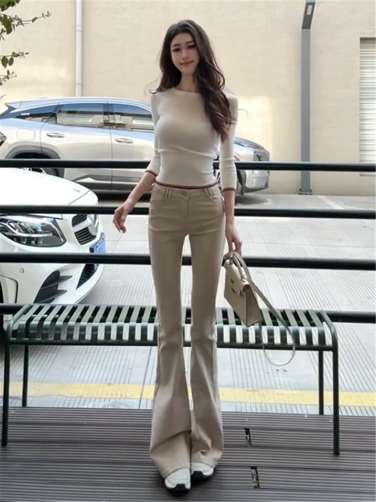 

Американские джинсы-клеш цвета хаки с низкой посадкой для женщин, весна-лето, облегающие, длинные, в пол, повседневные, из стираного хлопка