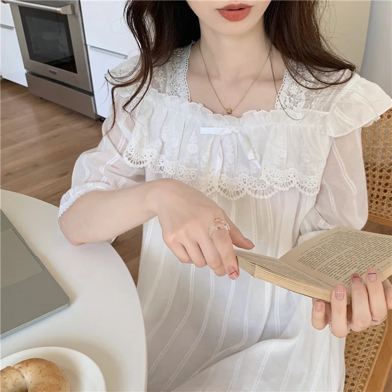 Summer Nightgown Women Chiffon Short Sleeve Lace Mesh Nightdress Palace Princess Sweet Sleepdress Cute Spring Homewear Nightwear