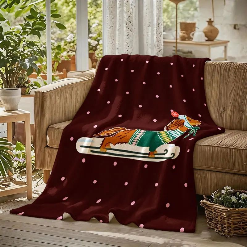 Skiing Christmas Dachshund Flannel Blanket Perfect for Sofa Office Bed Travel Sleep Read Relax Camping Four Season Use