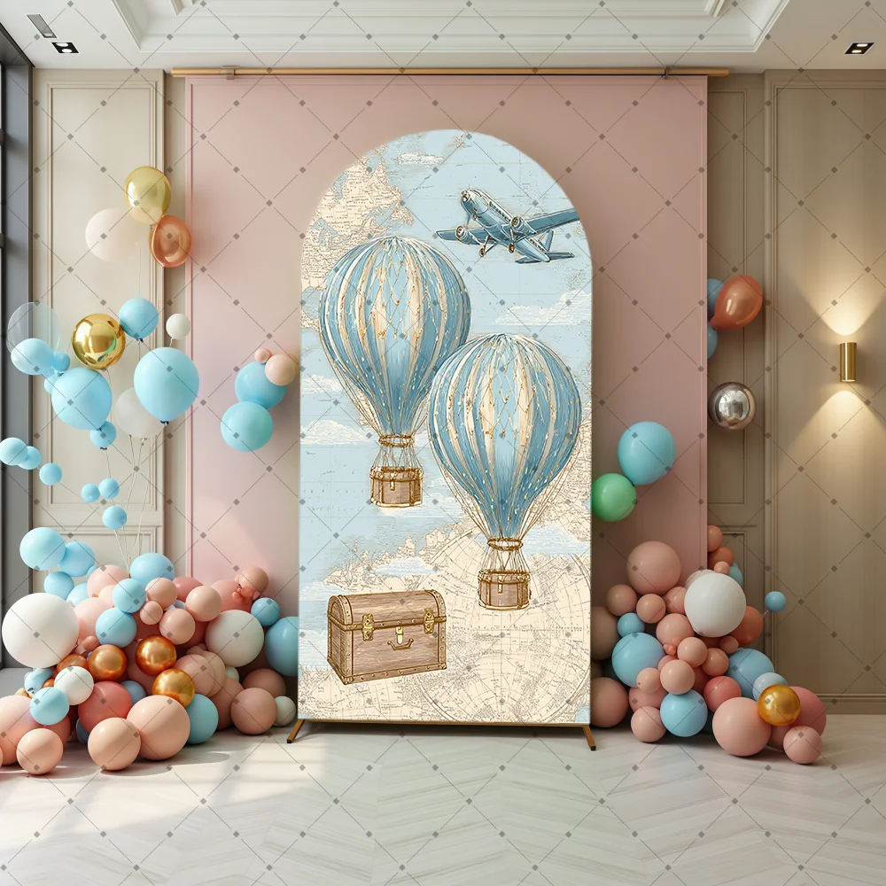 Adventure Themed Party Elastic Cover Travel World Map Birthday Custom Chiara Wall Board Sign Hot Air Balloon Airplane BabyShower