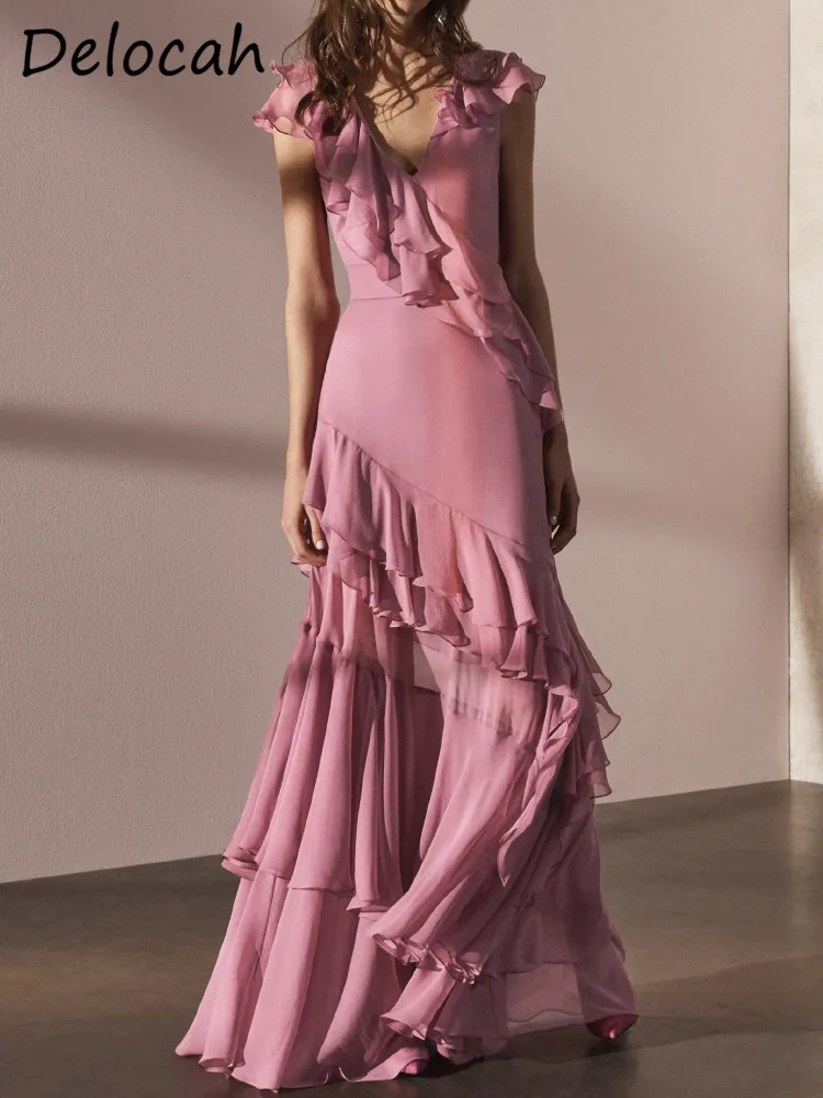 

Delocah High Quality Summer Women Fashion Designer Ruffles Trim Dress Sexy V-Neck Solid Color Print Elegant Slim Long Dresses