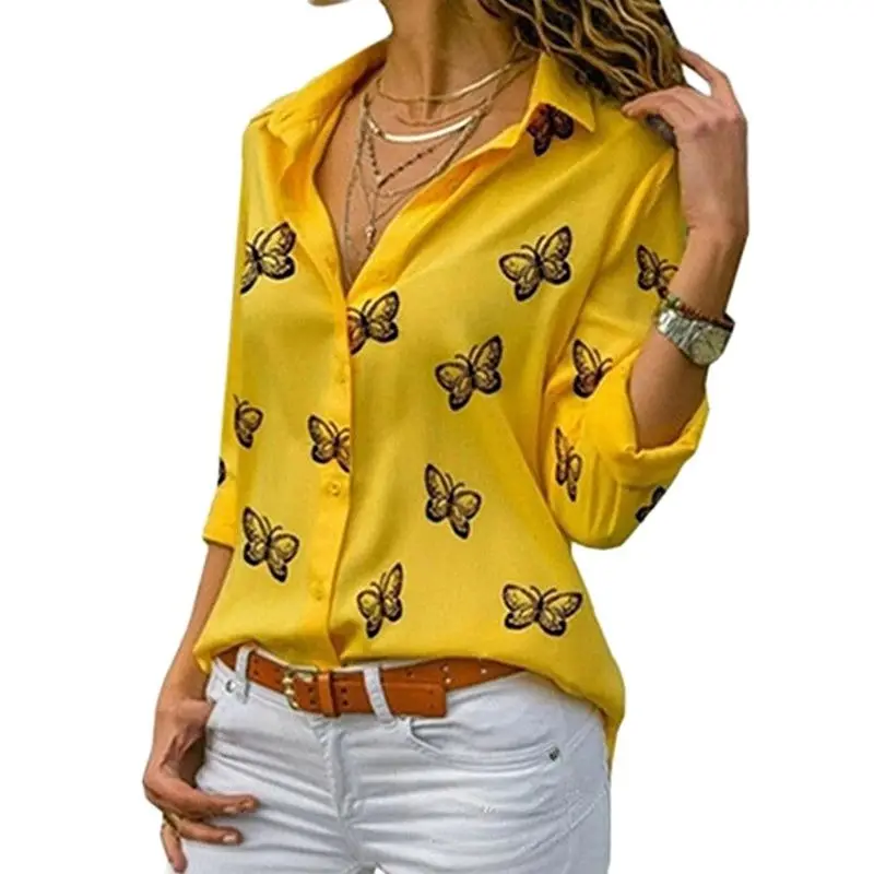 New Women\'s Fashion Shirt Clothing Loose Lapel Button T-shirt Butterfly Print Open Front Shirt Ladies Elegant Casual Blouses