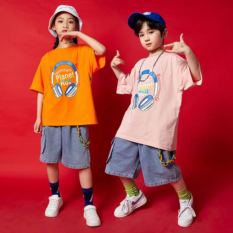 Children's Costume Hip-hop Street Dance Clothing Boys Loose Crew Neck Short Sleeve Fashion Fashion Girls Runway Trend