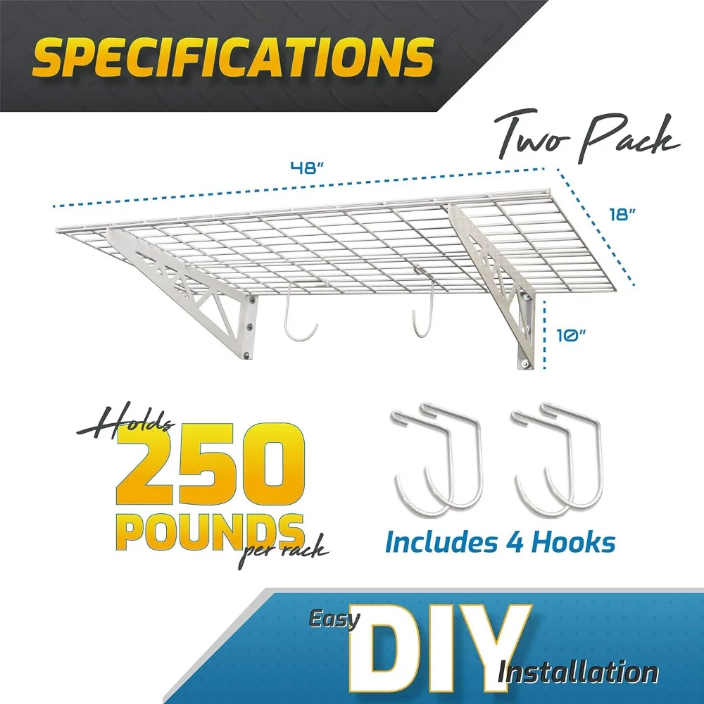 Garage Wall Shelf Two-Pack White or Hammertone | Three Size Options | Includes Bike Hooks | 500lb Weight Capacity