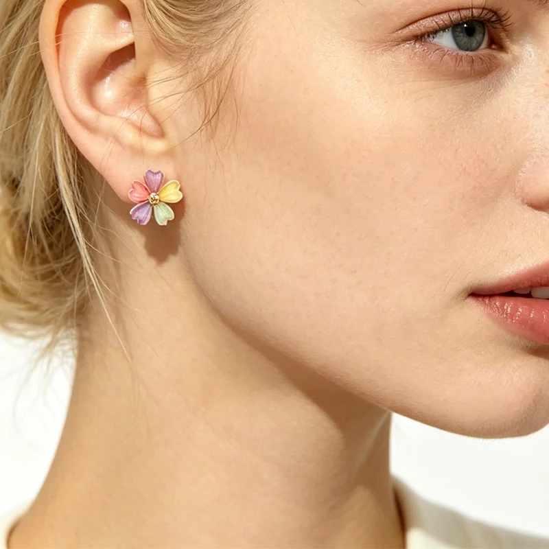 Colorful Flower Stud Earrings for Women Rhinestone Folded Florals Korean Fashion Sweet Petals Irregular Female Earrings Jewelry