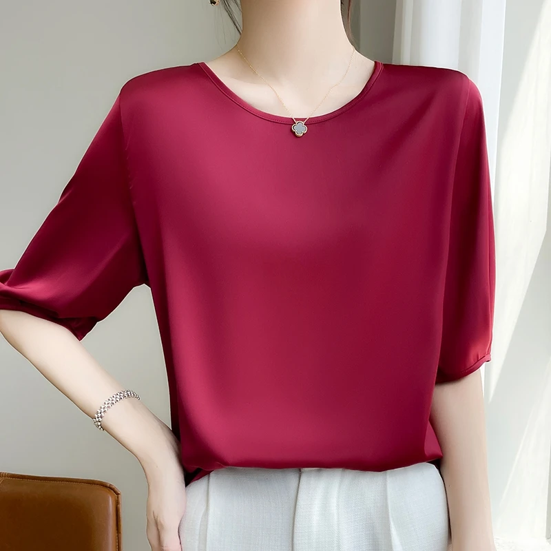 Summer New Short-Sleeved Acetate Satin Round Neck T-shirt Women's Middle Sleeve Five-Point Sleeve Loose Top Women