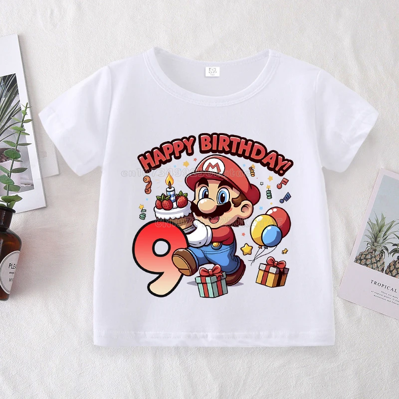 سوبر ماريوس الأطفال عدد تي شيرت الصبي عيد ميلاد الملابس الكرتون الطفل قصيرة الأكمام المحملة الصيف طفل قمم أنيمي الاطفال الملابس