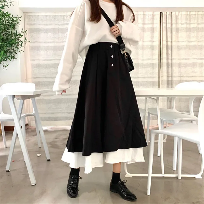 2025 Women Skirts High Waist Korean Style Casual Patchwork Long A-line Simply Skirt Woman