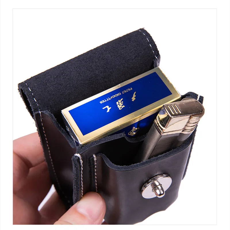 Genuine Leather Cigarette Case Bag Lighter Set All-in-one Cigarette Pack Men\'s Outdoor Belt Belt Pack Lighter Bag