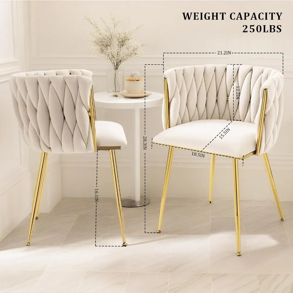 Velvet Dining Chairs Set of 4, Accent Chair with Gold Metal Legs, Woven Upholstered Dining Chair for Living Room/Bedroom/Kitchen