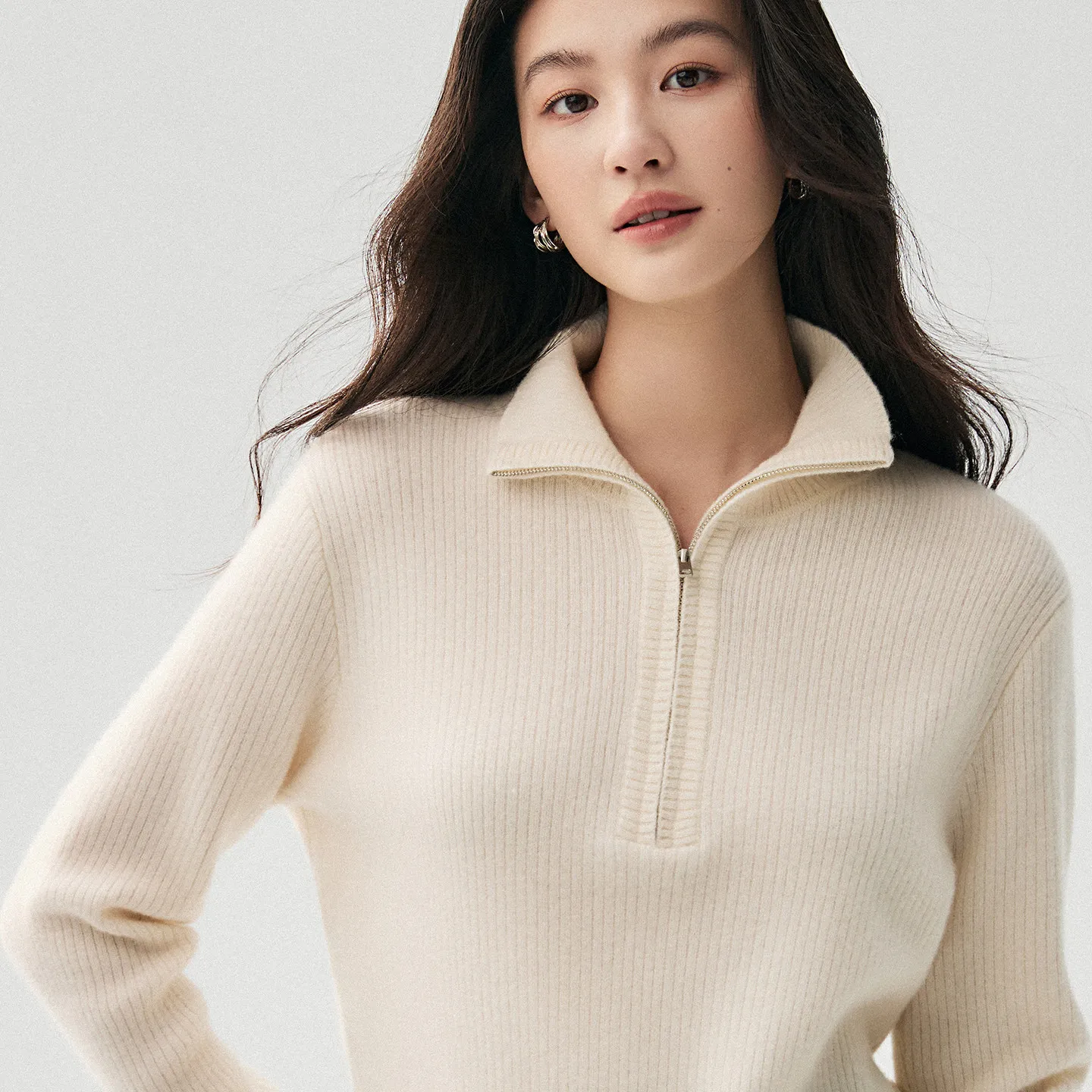 Semi-zipper vertical collar cashmere sweater women's semi-cardigan temperament off-shoulder thick sweater sweater