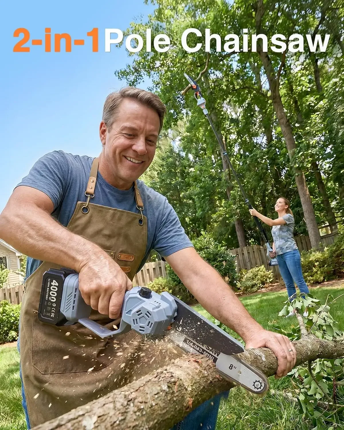 US Shipping 2-in-1 Pole Saw For Tree Trimming, 8-Inch Cordless Brushless Chainsaw With Extension Pole, 2 X 4.0Ah Batteries & Cha