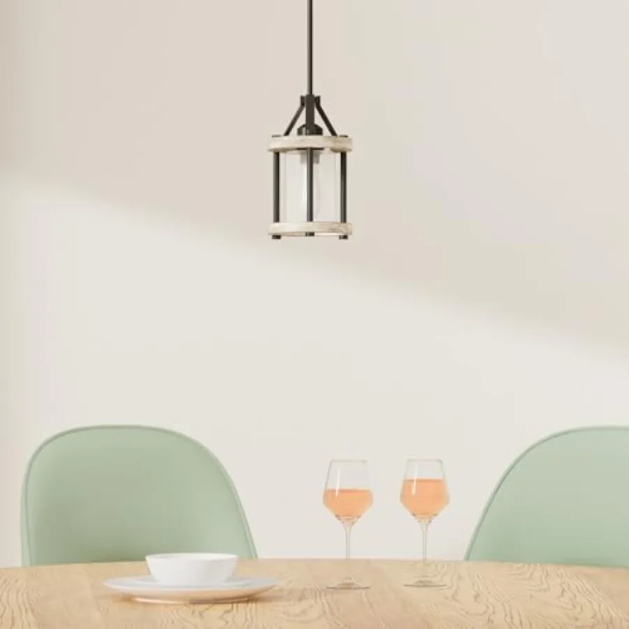 Farmhouse Pendant Light Rustic White Wood and Metal Cage Hanging Light Fixtures with Glass 43 Inch Adjustable for Flat and Slop