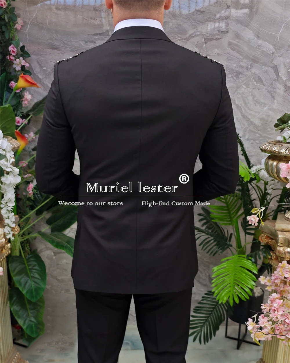 Luxury Groom Wedding Suits Slim Fit Black Beaded Stone Jacket Vest Pants 3 Pieces Formal Men\'s Tuxedos Bespoke Ceremony Clothing