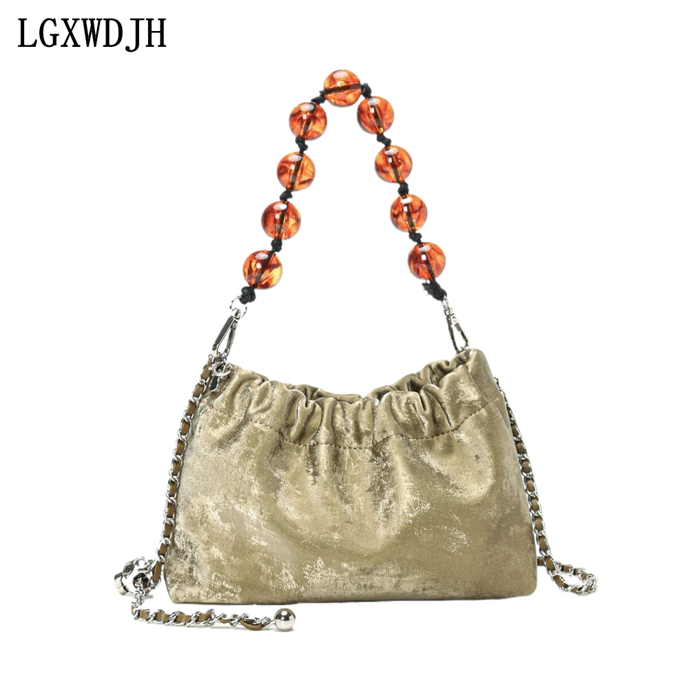 

Large capacity cloud Bags for women Top layer cowhide all-match national style Crossbody bag Silk Chain Strip Women's handbag