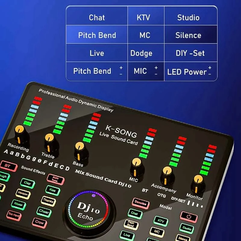 RISE-DJ 10 Sound Card For Karaoke Podcast Recording Live Streaming Mixed Noise Control Core, Wireless Bluetooth