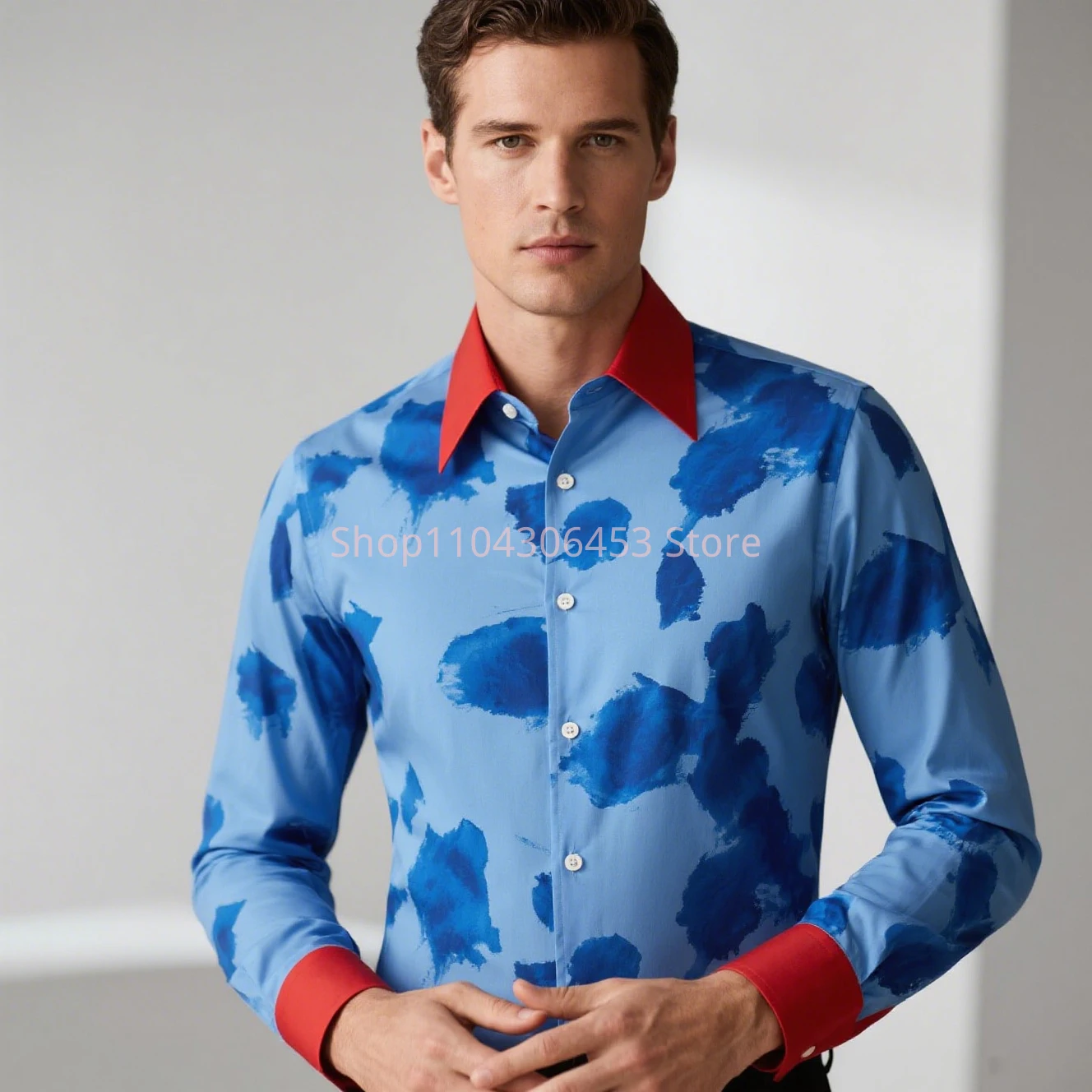 

2025 Men's Original Design Red Edge Blue Bottom 3D Printed Gradient Shirt Men's Business Casual Formal Occasion Party Formal Top