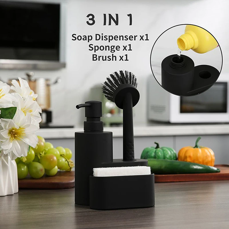 Modern Dish Soap Dispenser Container With Sponge Holder And Brush 3 In 1 Set For Kitchen Sink Bathroom Countertop