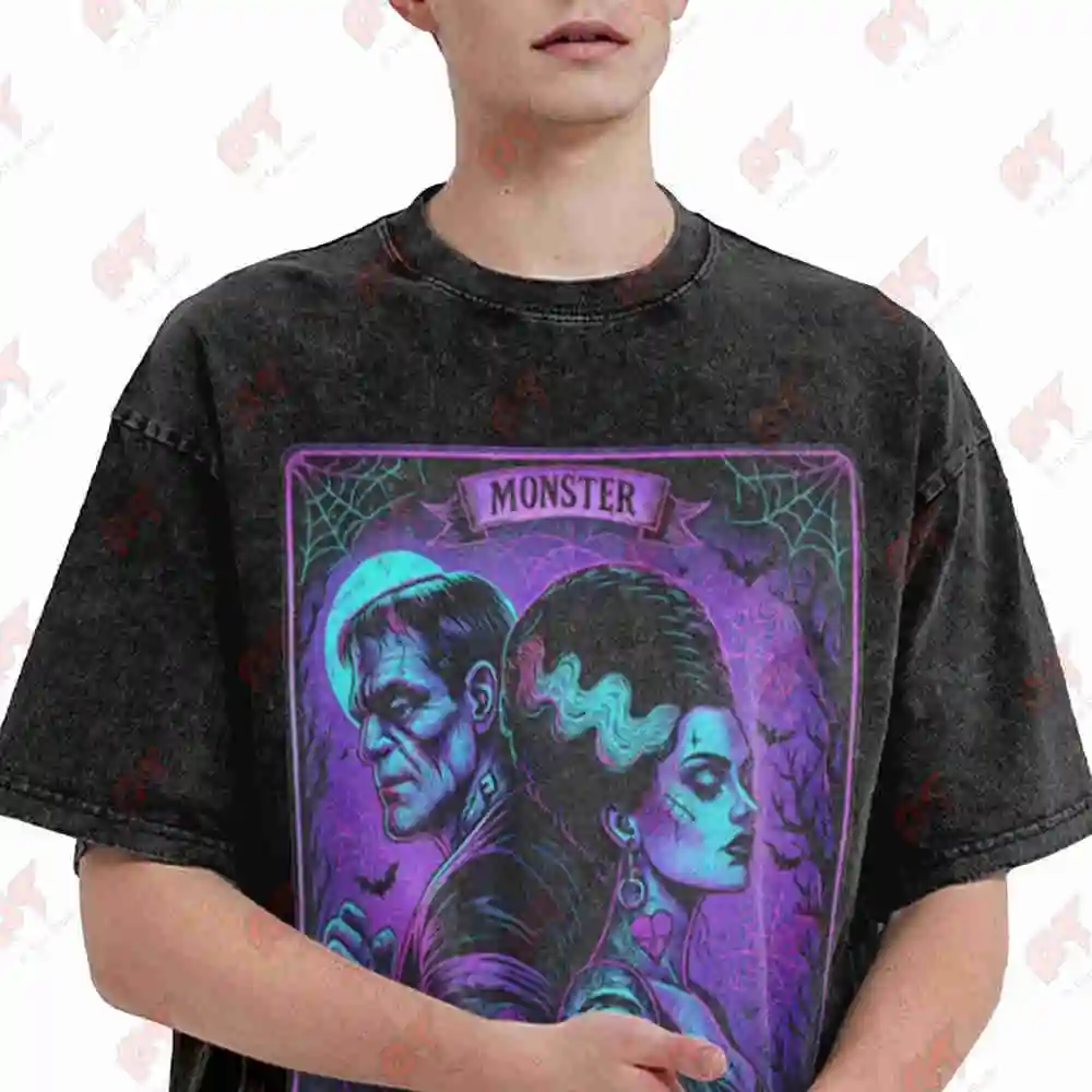 The Monster Frankenstein Bride Lovers Card Vintage Washed Tee Pure Cotton T-Shirt