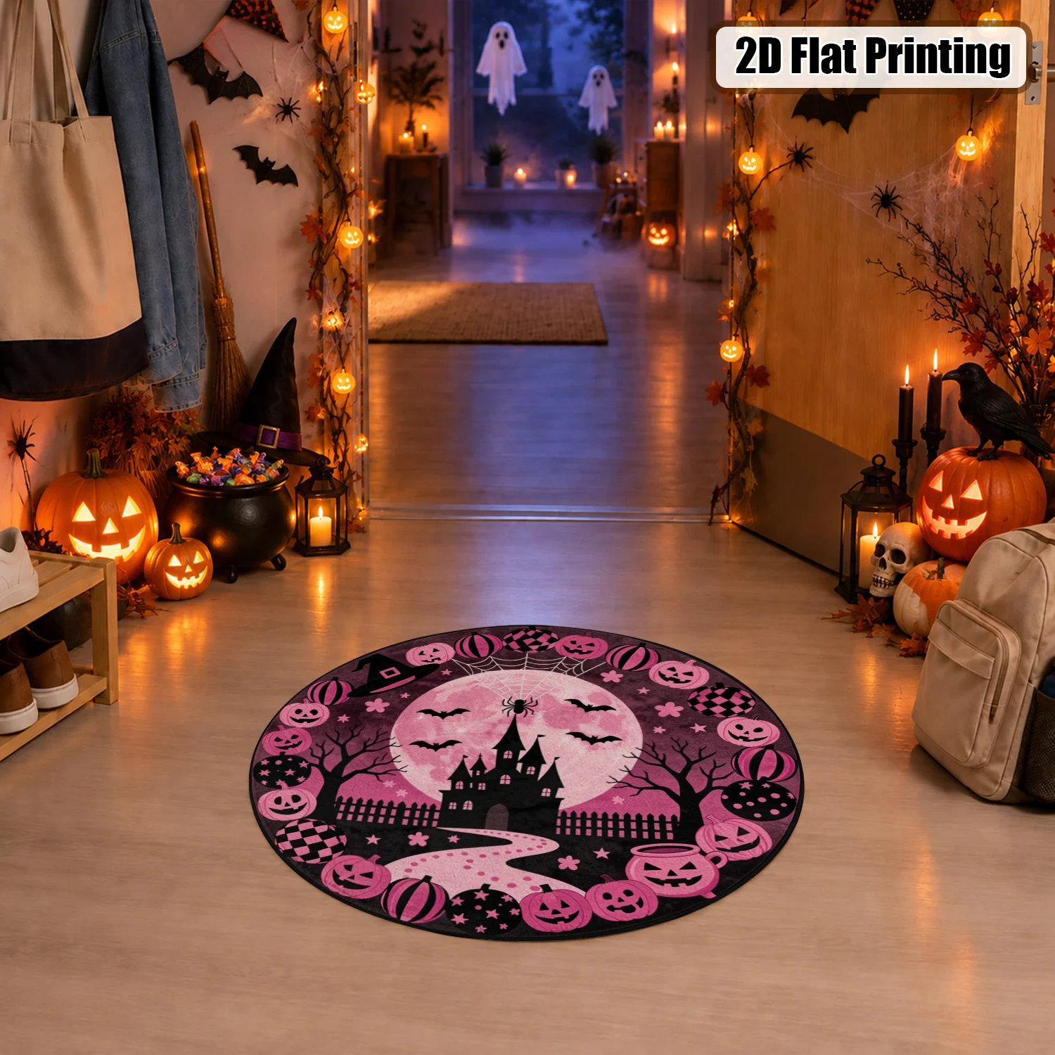 Pink Halloween Haunted Castle Pumpkin Bat Spider Web Design Velvet Round Rug Machine Washable for Living Room Bedroom Entryway Perfect for Halloween Thanksgiving Christmas New Year Festive Decor