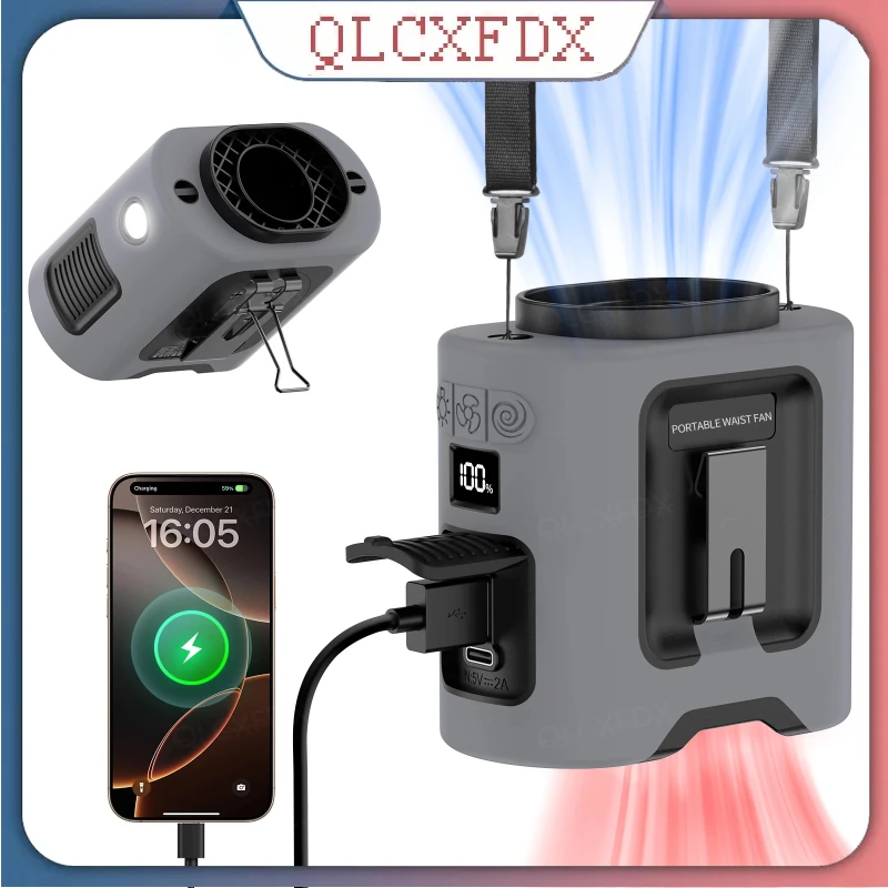 屋外用ポータブルウエストファン-led照明付き-首掛けファン-モバイルバッテリー搭載-4段階風量-強力送風-冷却ファン-スポーツ旅行用