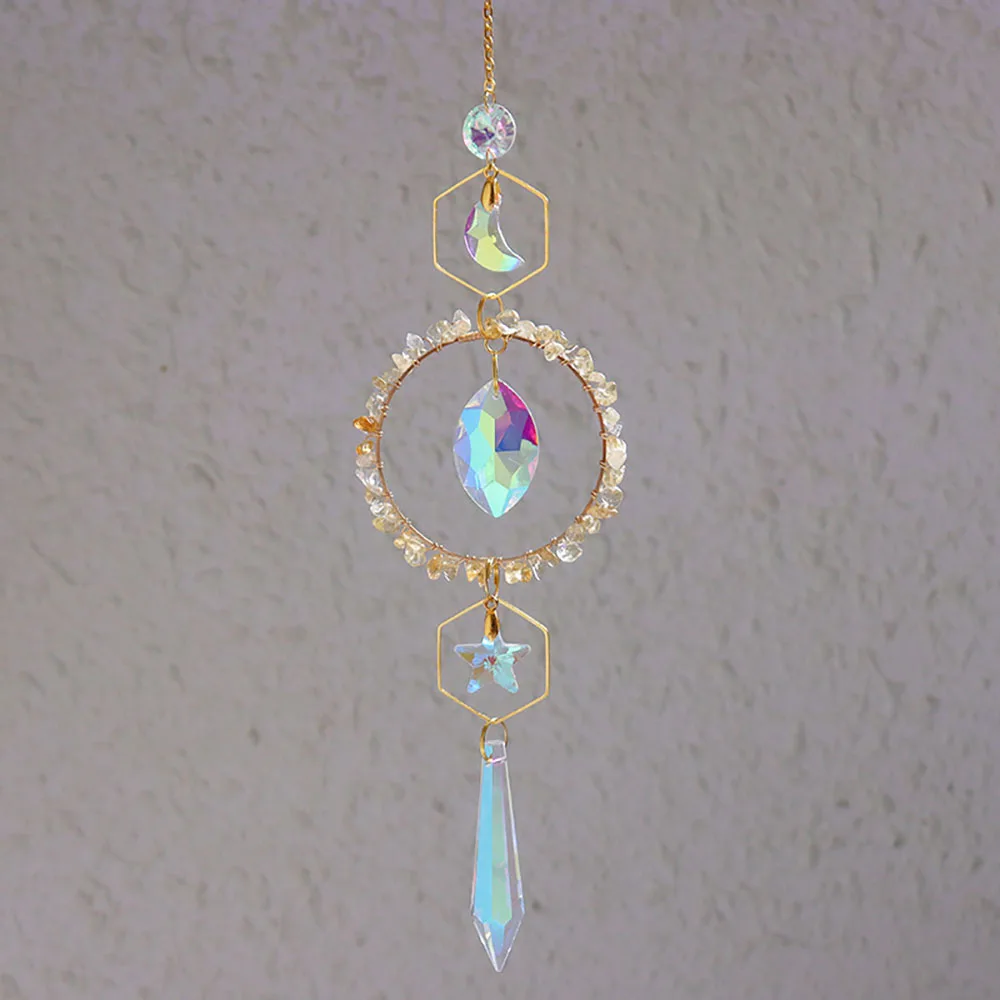 Custom Citrine Crystal Chip Sun Catcher - Hexagon Ring Moon Star Prisms Glass Hanging Ornament for Window Decor