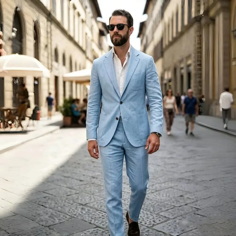 Linen Summer Suits for Men 2 Pieces Single Breasted Breathable Lightweight Jacket with Pants Set  Party Prom Wedding Tuxedos