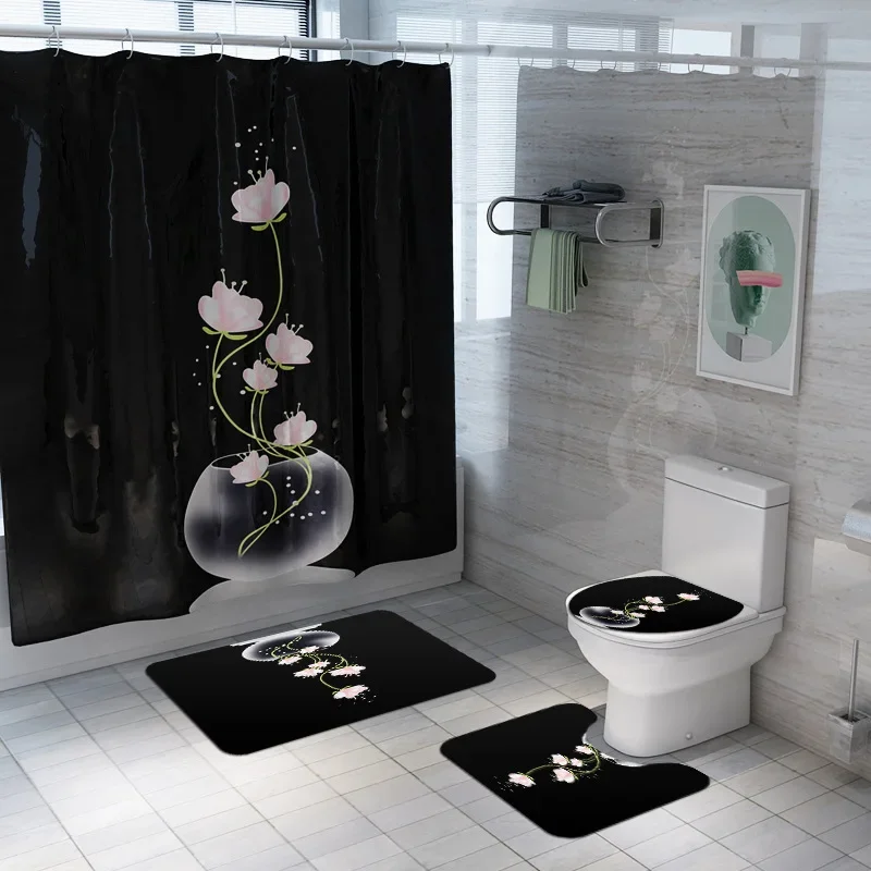 

Black Lotus Bathroom Shower Curtain Set Waterproof Polyester Fabric Flower Printing Shower Curtains Non-slip Bath Mat Home Decor