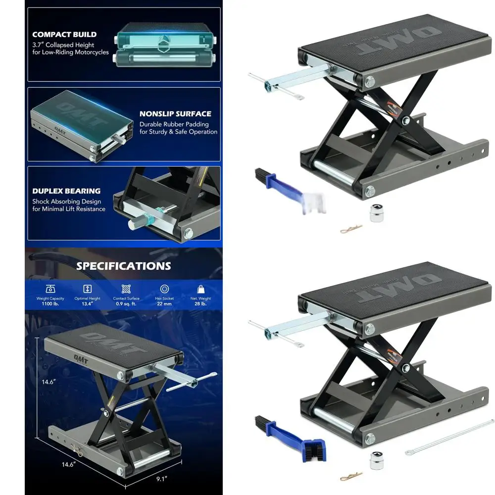 

Мотоциклетный ножничный подъемник грузоподъемностью 1100 фунтов с широкой платформой, Т-образной рукояткой, головкой для гайковерта 3/8, центральной подставкой, щеткой для цепи и ручным подъемником для квадроциклов