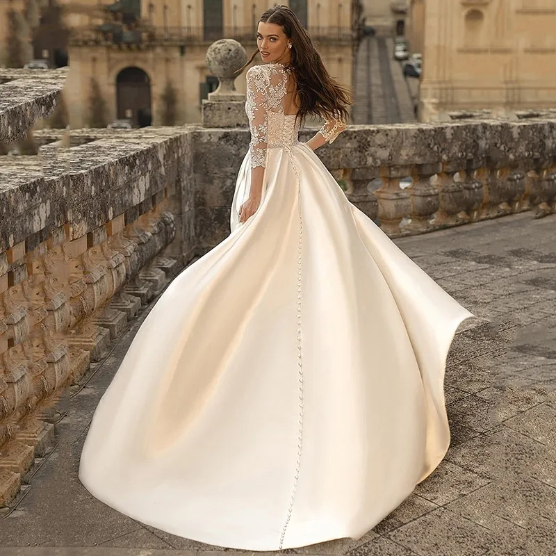 Elegante ilusión O cuello vestidos de novia para mujer elegante hecho a medida mangas largas apliques con cordones vestido de novia bolsillos satén