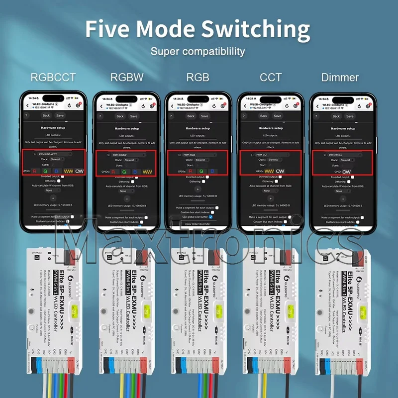 GLEDOPTO 5-in-1 WLED Controller Elite 5P-EXMU PWM 15A WiFi+Ethernet for RGBCCT/RGBW/RGB/CCT/Dimmer LED Strip Light GL-C-611WL