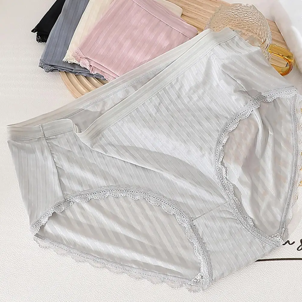 Enlarged Ice Silk Panties Striped Lace Lady Panties Mid Waist Ice Silk Plus Size Elastic Thin Soft Breathable Anti-septic Crotch