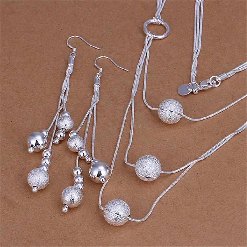 

Fine charm 925 sterling Silver Pretty Lucky Beads necklace earrings Jewelry set for women Fashion Party designer jewelry Gifts