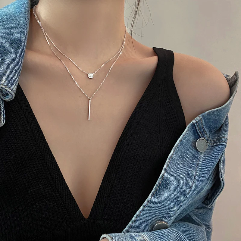 

Popular Fashion 925 Sterling Silver Double Layer Pendant Necklace For Women Clavicle Chain Luxury Jewelry Chokers Gift