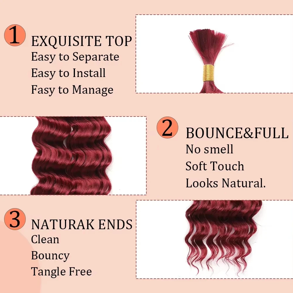 Borgonha #   99j cabelo humano em massa sem trama 1 pacote 50g onda profunda cabelo humano em massa para trança 12a extensões de cabelo para tranças boho