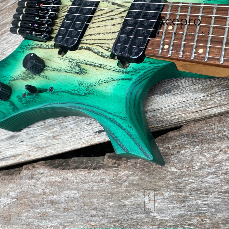 Pro Headless Electric Guitar, Green Burst Ash Body, Jumbo Stainless Steel Oblique Frets, Roasted Maple Neck, Color Customizable