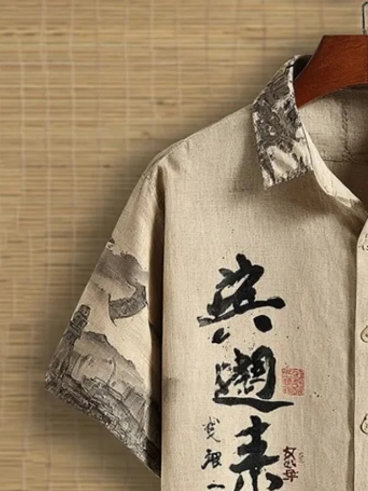 Men's Holiday Bohemian Tops Retro Calligraphy Cat Dinosaur Printed Short Sleeve Shirt Casual Loose 2025 Buttons Chic Tunics Male