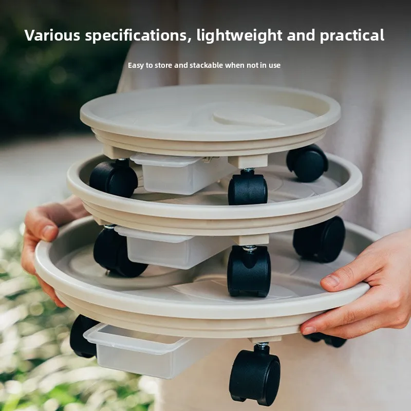 Movable flower pot tray, thickened round design with universal wheels and water collection, available in multiple sizes, plastic