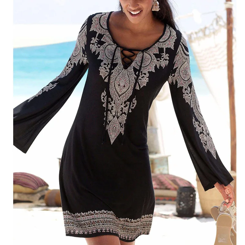 Tropical Dress Boho Vestidos Mujer Bohemian Long Sleeve V Neck Women Casual Loose Black Mini Robe Femme A Line Female Dresses