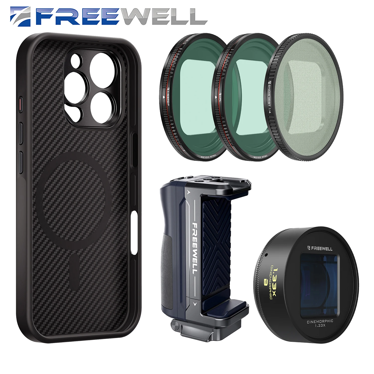 Freewell Smartphone Photography Kit 17MM Mount Phone Case,1.33x Blue Anamorphic Lens Compatible iPhone 16/15/14/13 Pro & Pro Max